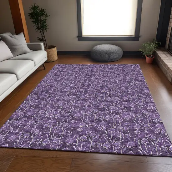 Purple And Ivory Floral Washable Area Rug With UV Protection Photo 4