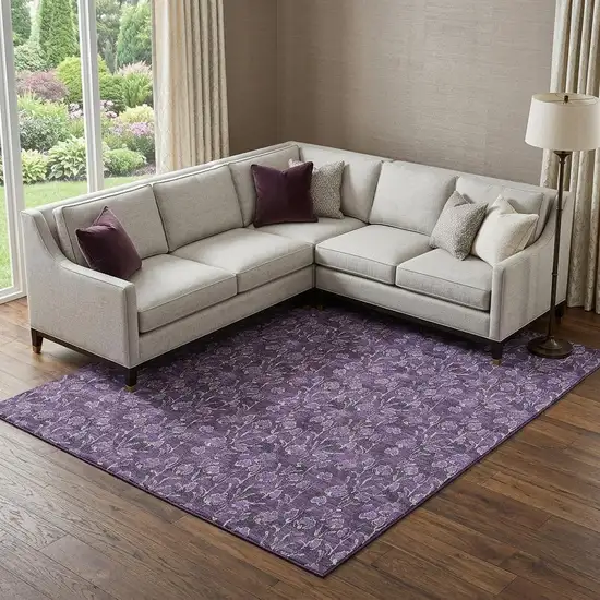 Purple And Ivory Floral Washable Area Rug With UV Protection Photo 1
