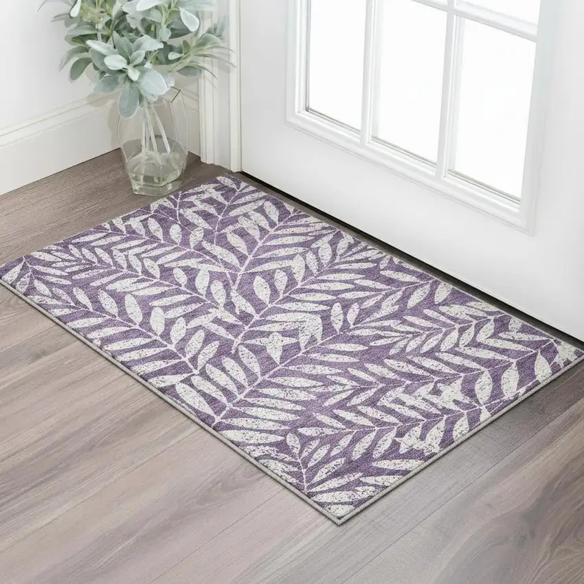 Purple And Ivory Floral Washable Area Rug With UV Protection Photo 2