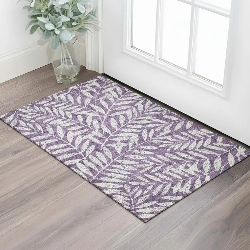 Purple And Ivory Floral Washable Area Rug With UV Protection Photo 1