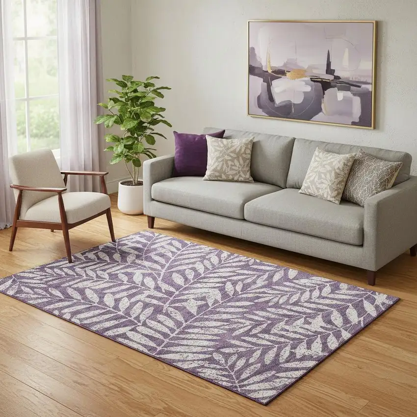 Purple And Ivory Floral Washable Area Rug With UV Protection Photo 1