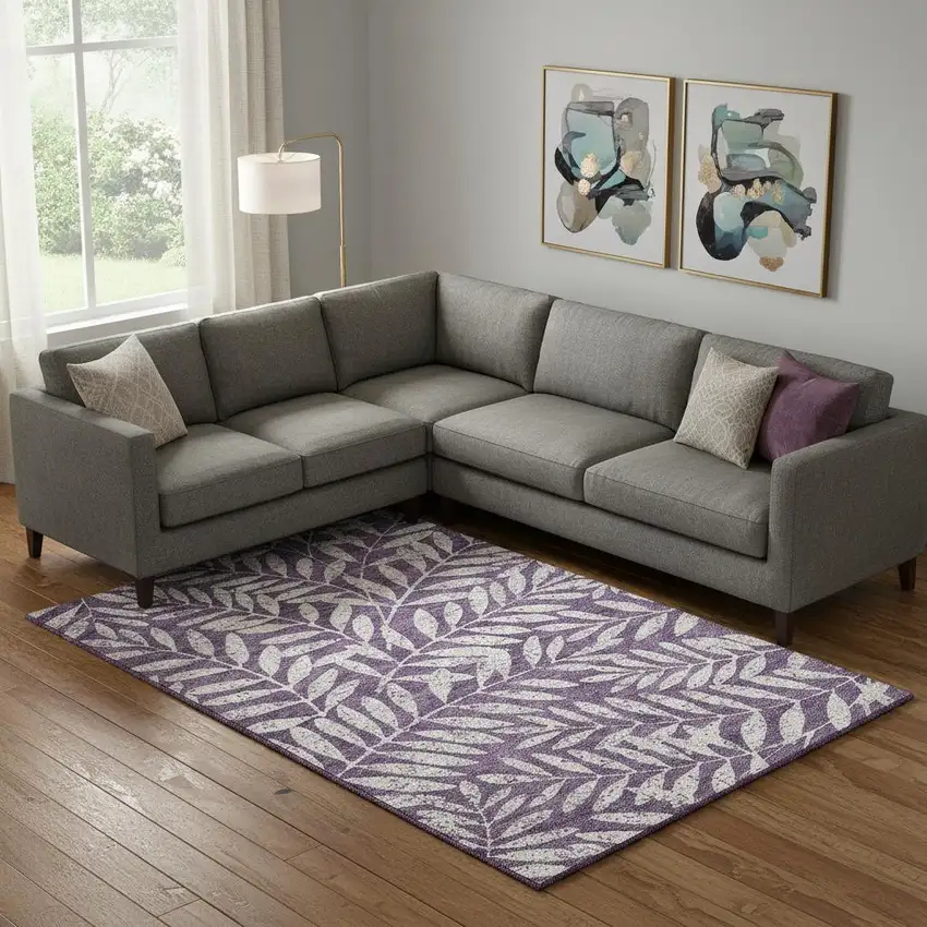 Purple And Ivory Floral Washable Area Rug With UV Protection Photo 1