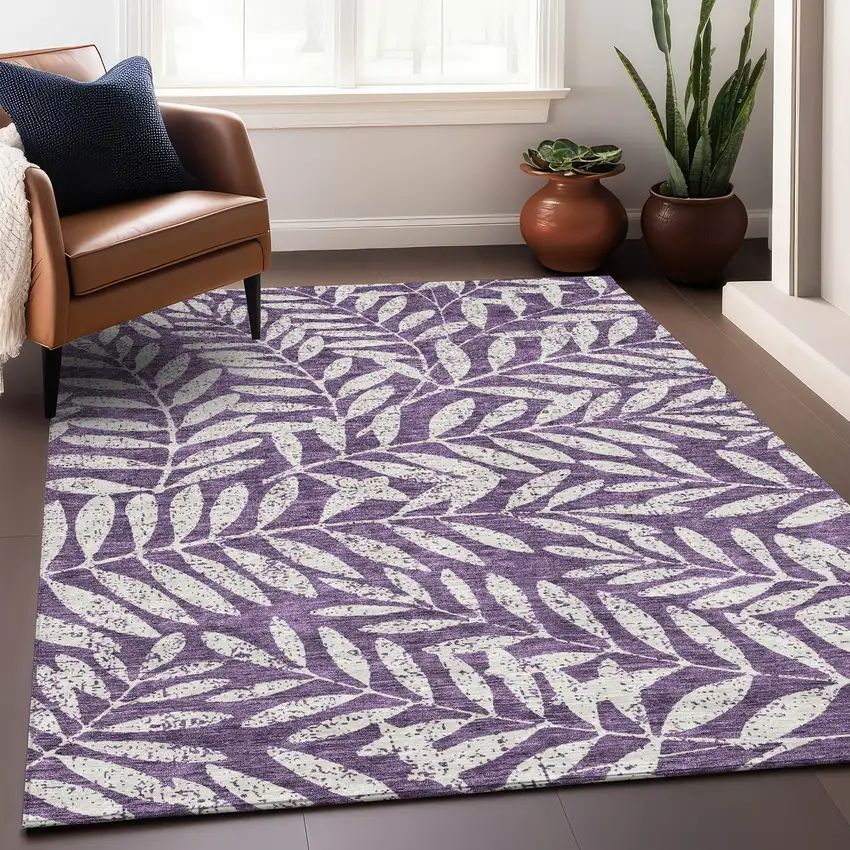 Purple And Ivory Floral Washable Area Rug With UV Protection Photo 4