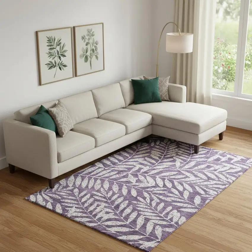 Purple And Ivory Floral Washable Area Rug With UV Protection Photo 1
