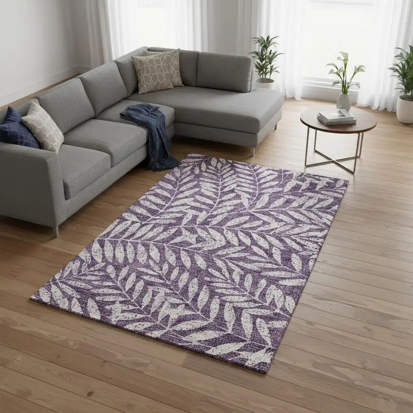 Purple And Ivory Floral Washable Area Rug With UV Protection Photo 2