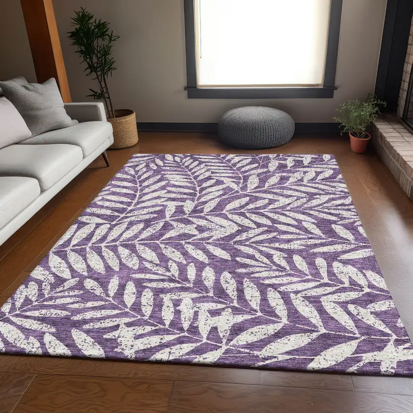 Purple And Ivory Floral Washable Area Rug With UV Protection Photo 6