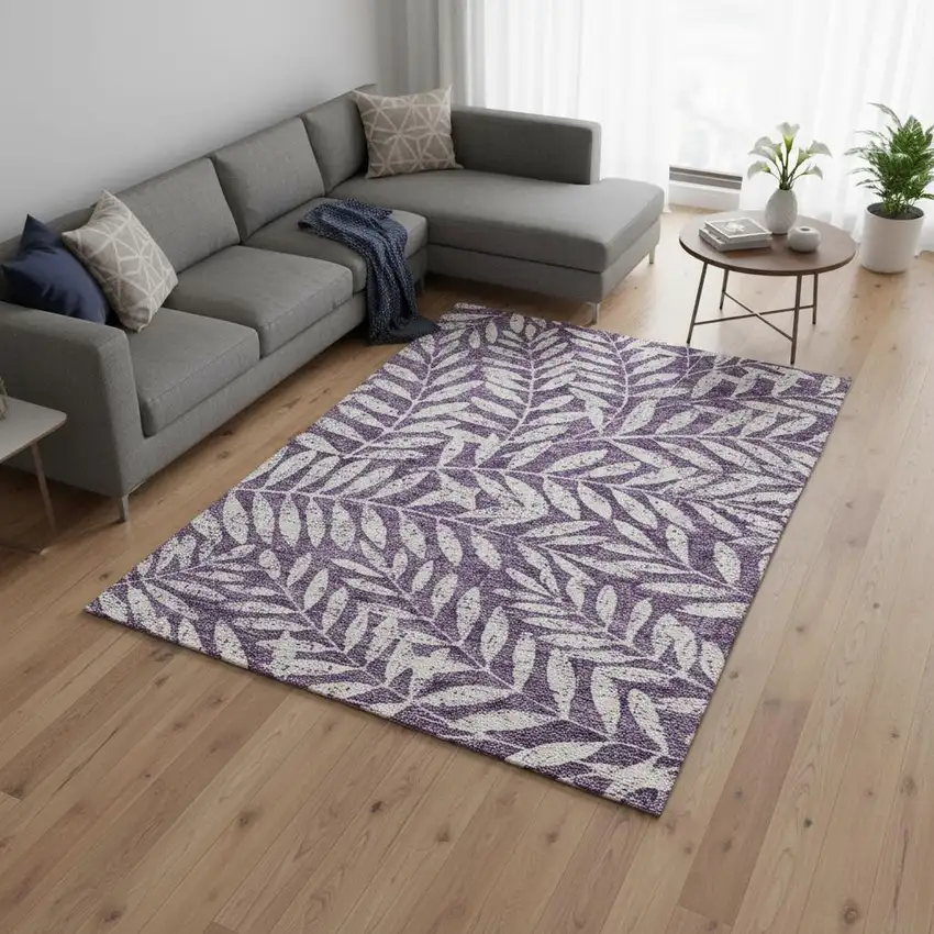 Purple And Ivory Floral Washable Area Rug With UV Protection Photo 2