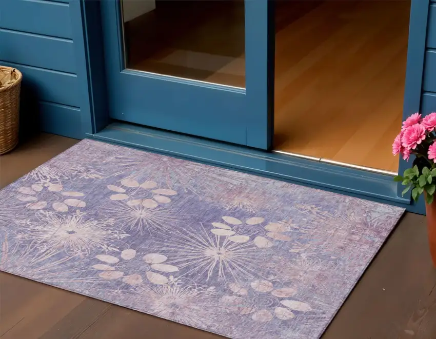 Purple And Ivory Floral Washable Indoor Outdoor Area Rug Photo 1