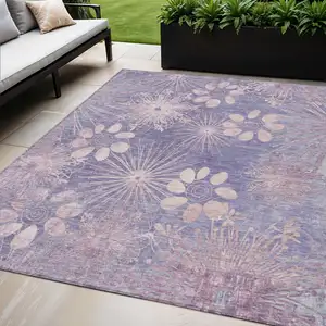 Photo of Purple And Ivory Floral Washable Indoor Outdoor Area Rug