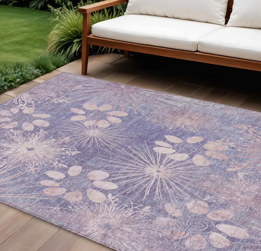 Purple And Ivory Floral Washable Indoor Outdoor Area Rug Photo 1