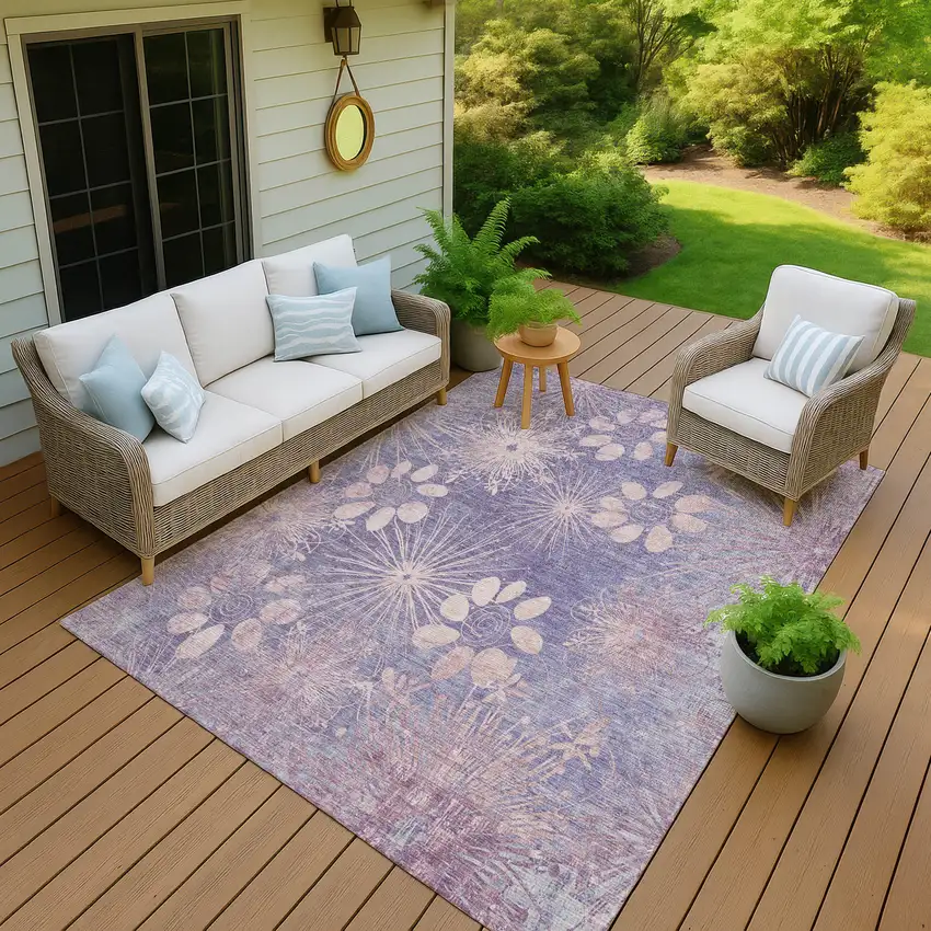 Purple And Ivory Floral Washable Indoor Outdoor Area Rug Photo 8
