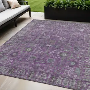 Photo of Purple And Ivory Floral Washable Indoor Outdoor Area Rug