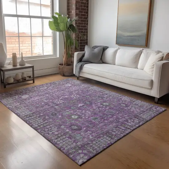 Purple And Ivory Floral Washable Indoor Outdoor Area Rug Photo 7