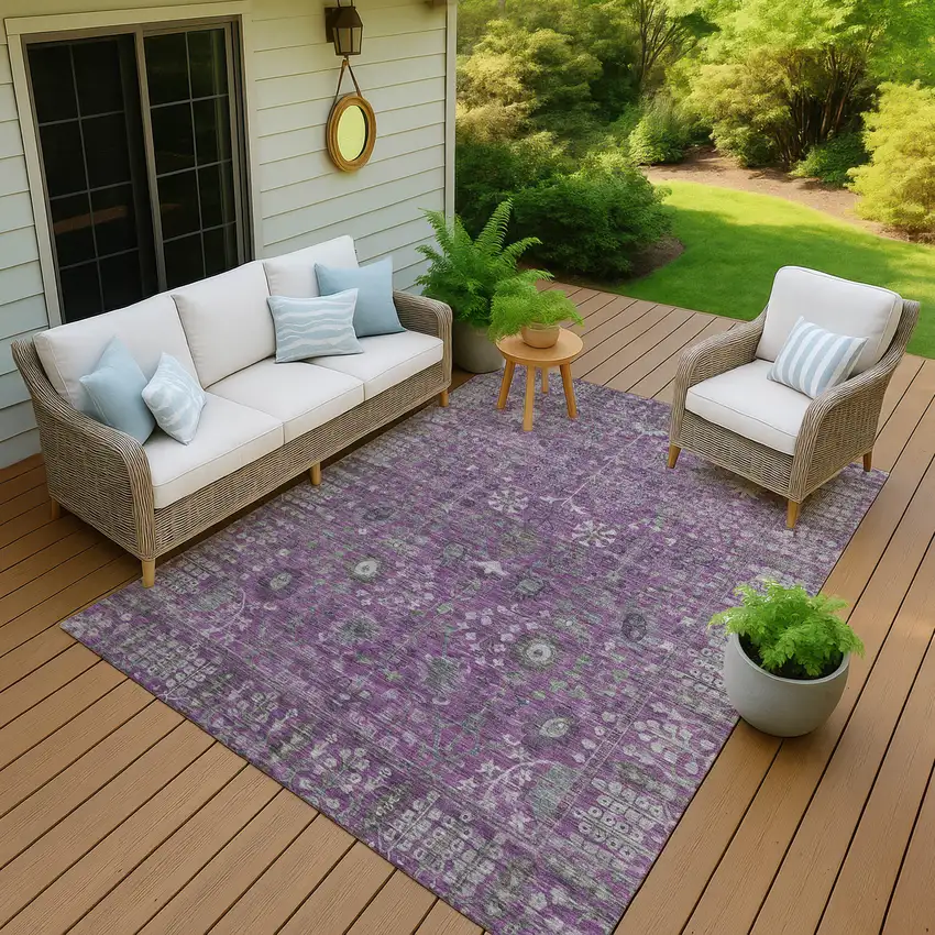 Purple And Ivory Floral Washable Indoor Outdoor Area Rug Photo 5
