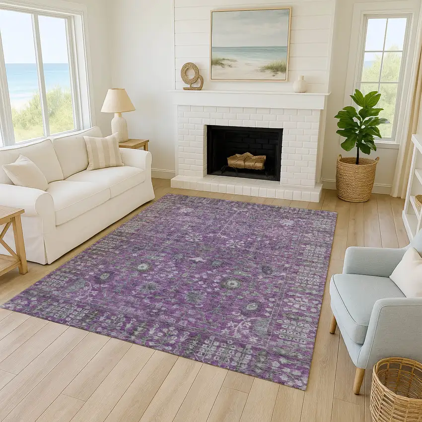 Purple And Ivory Floral Washable Indoor Outdoor Area Rug Photo 7