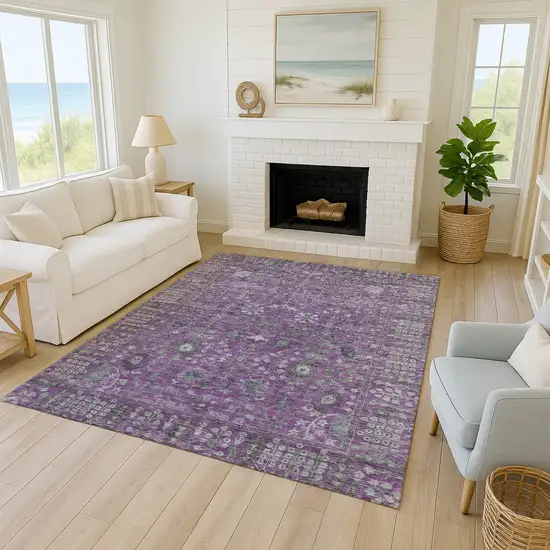 Purple And Ivory Floral Washable Indoor Outdoor Area Rug Photo 7