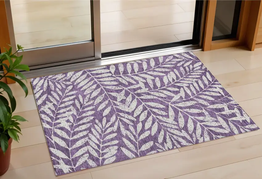Purple And Ivory Floral Washable Indoor Outdoor Area Rug Photo 1