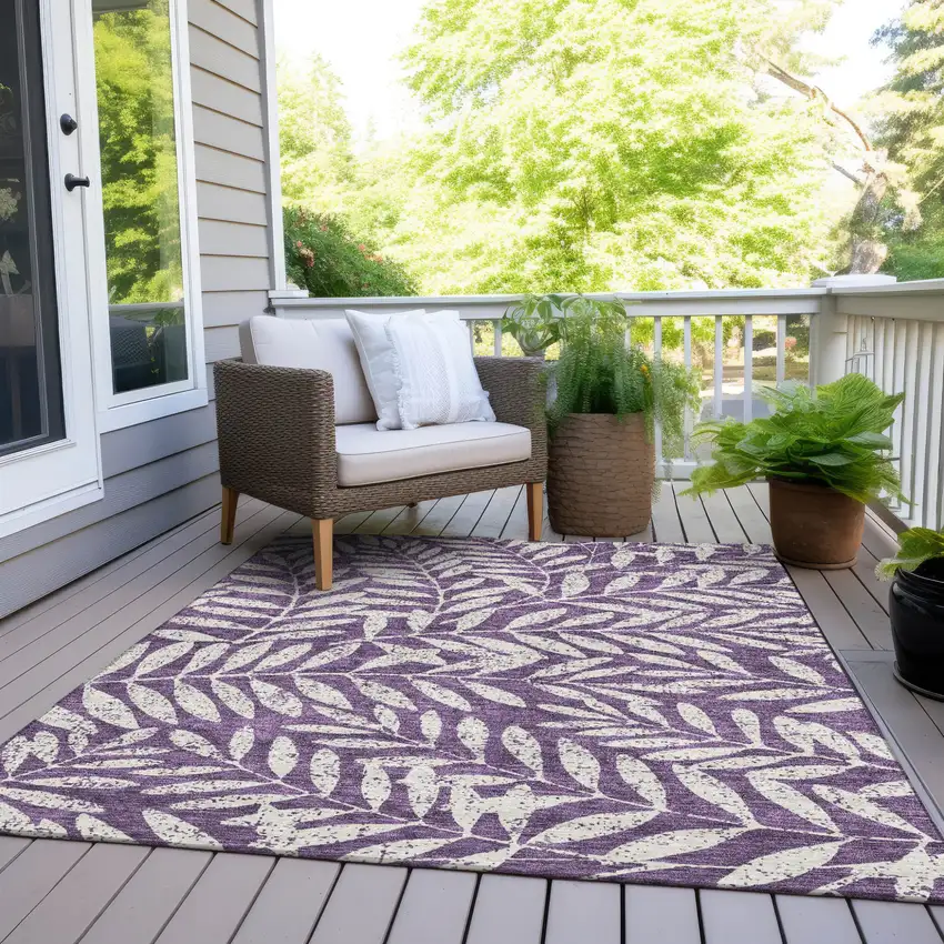 Purple And Ivory Floral Washable Indoor Outdoor Area Rug Photo 8