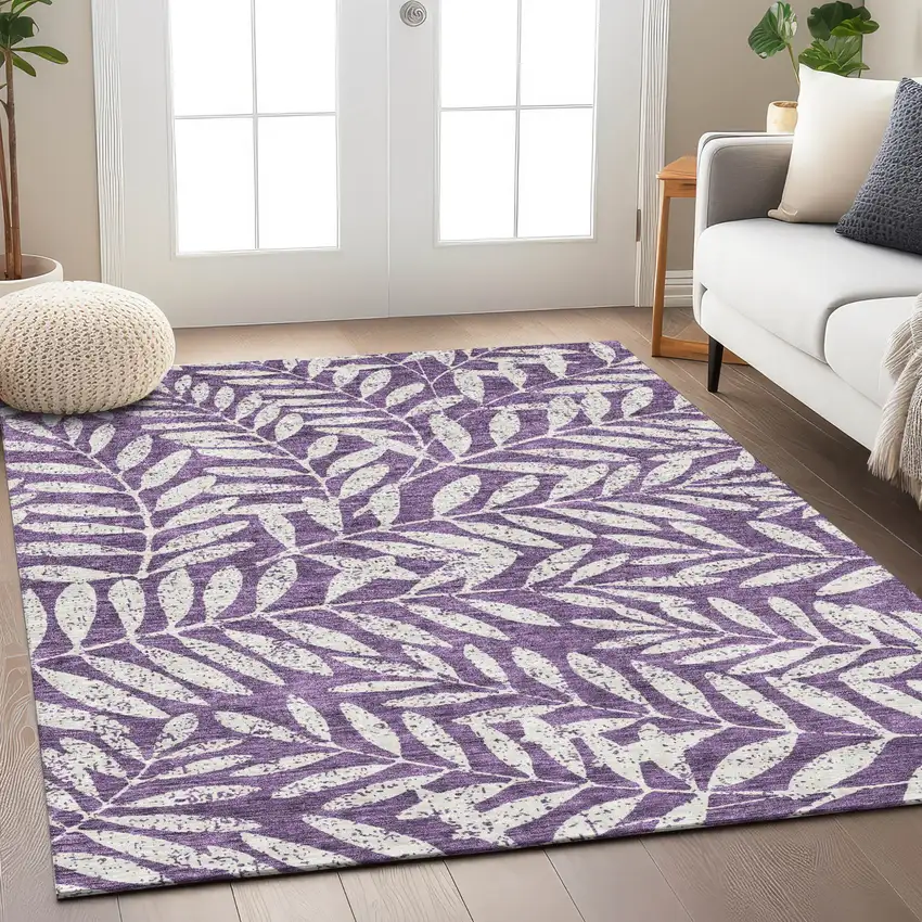 Purple And Ivory Floral Washable Indoor Outdoor Area Rug Photo 9