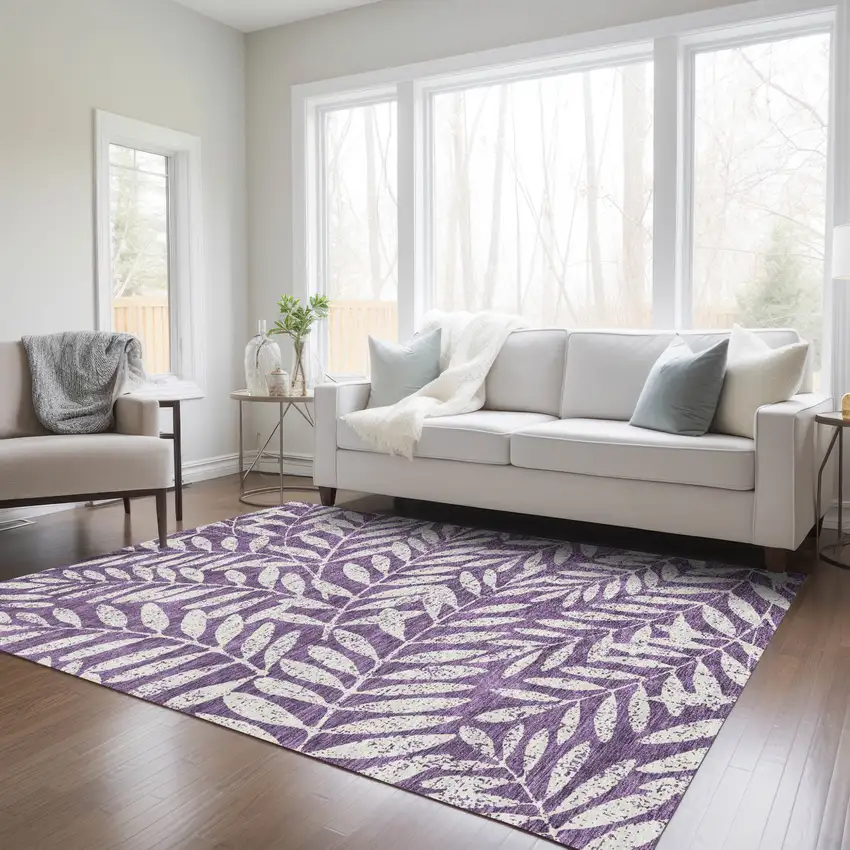Purple And Ivory Floral Washable Indoor Outdoor Area Rug Photo 9
