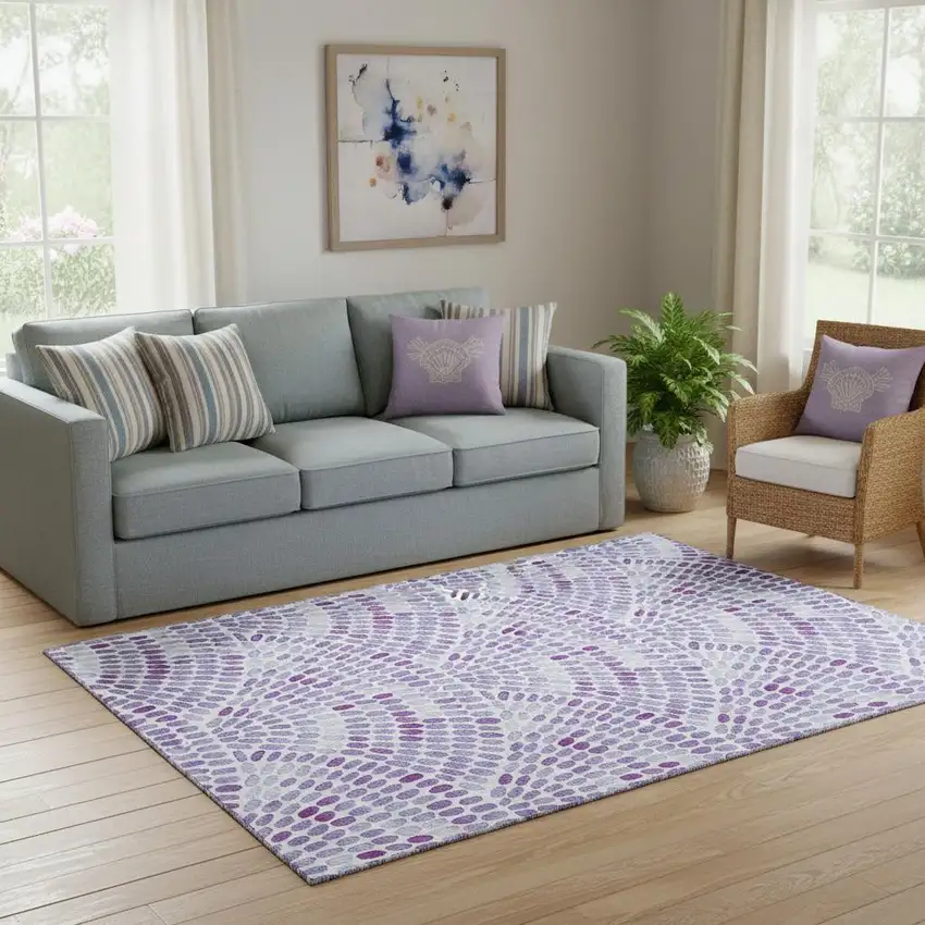 Purple And Ivory Geometric Washable Area Rug With UV Protection Photo 1
