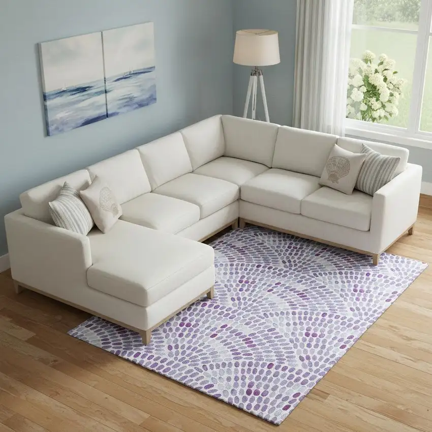 Purple And Ivory Geometric Washable Area Rug With UV Protection Photo 1