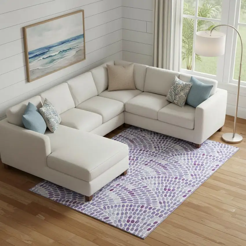 Purple And Ivory Geometric Washable Area Rug With UV Protection Photo 1