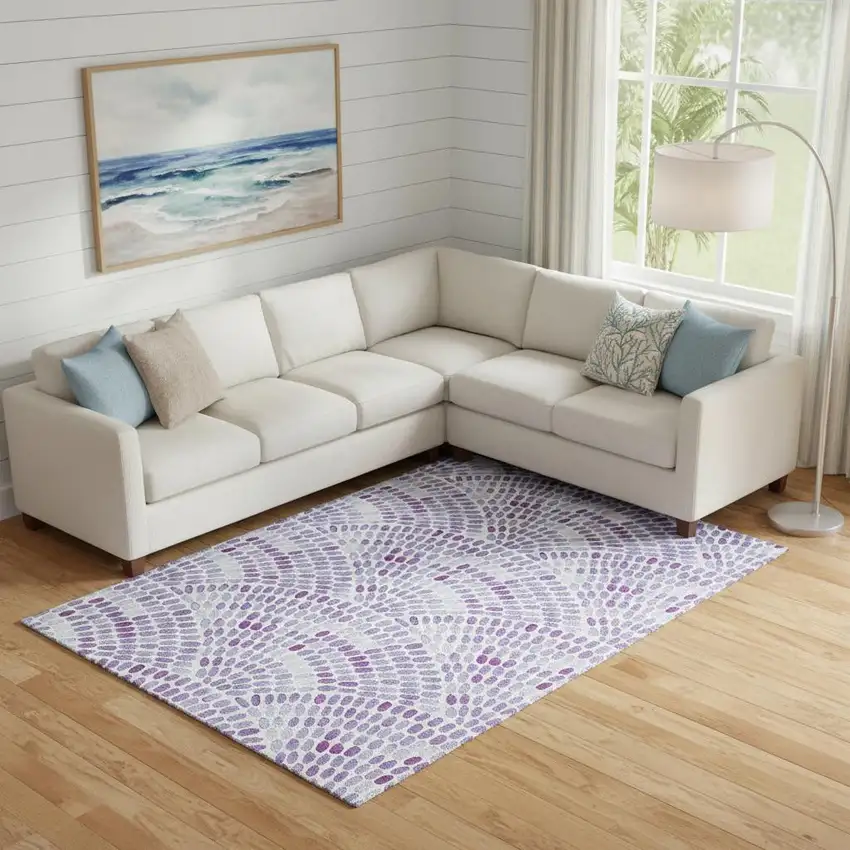 Purple And Ivory Geometric Washable Area Rug With UV Protection Photo 1
