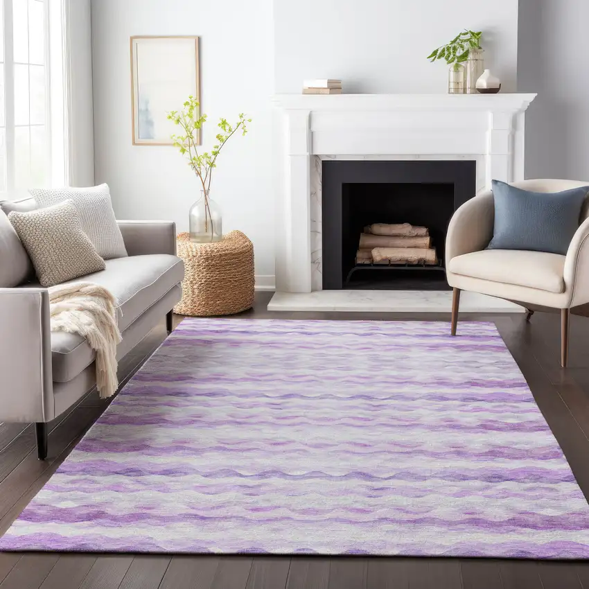 Purple And Ivory Geometric Washable Area Rug With UV Protection Photo 6