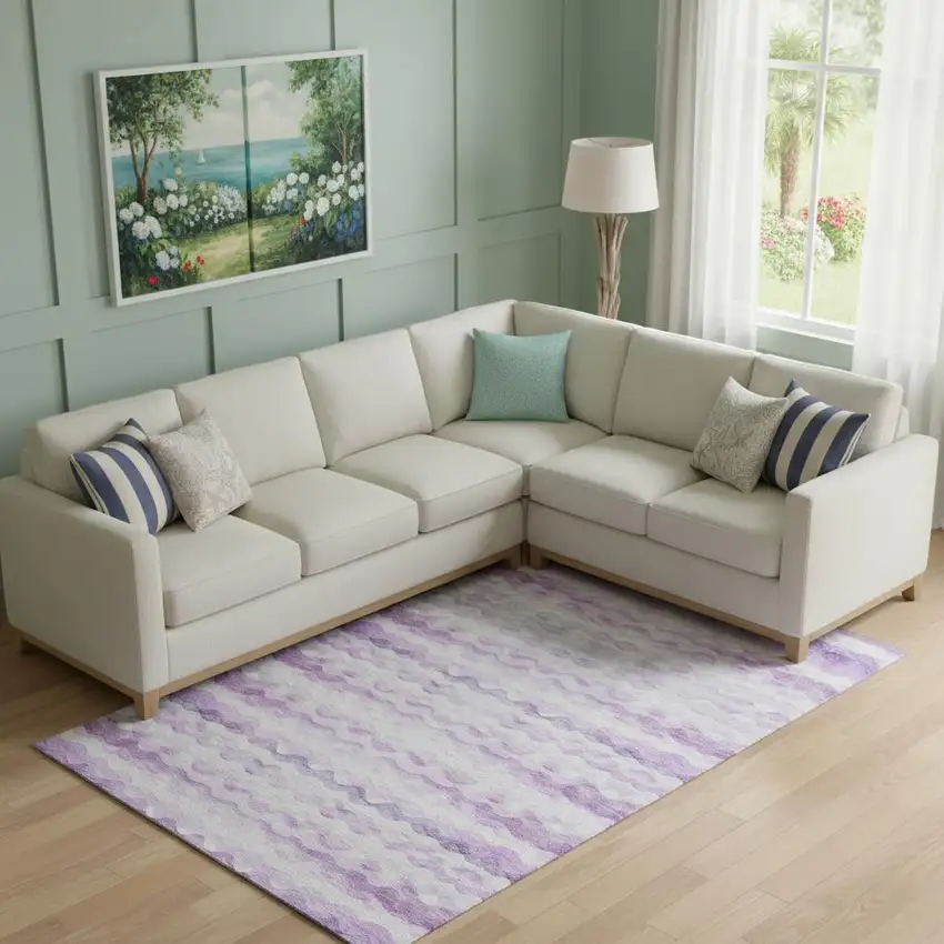 Purple And Ivory Geometric Washable Area Rug With UV Protection Photo 1