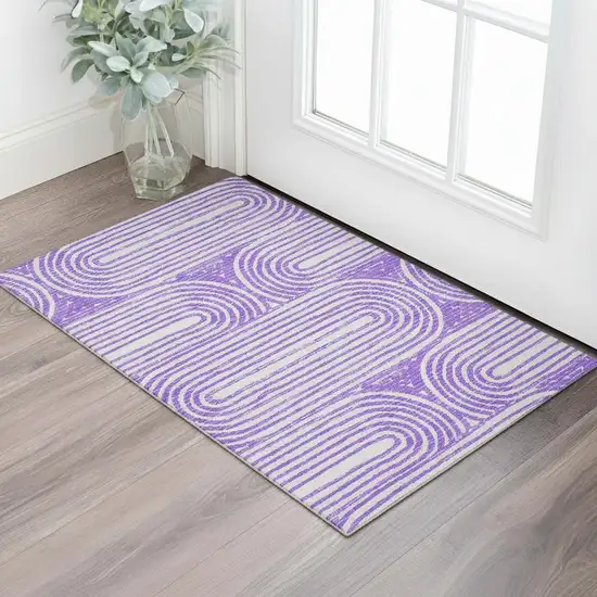 Purple And Ivory Geometric Washable Area Rug With UV Protection Photo 1