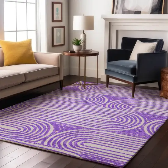 Purple And Ivory Geometric Washable Area Rug With UV Protection Photo 4