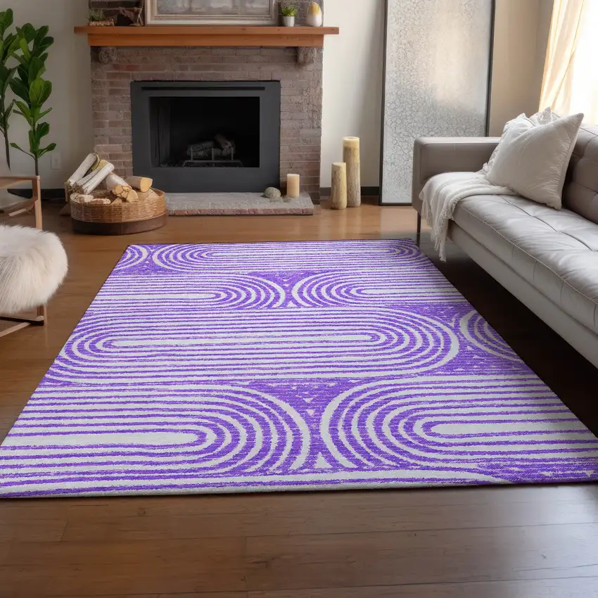 Purple And Ivory Geometric Washable Area Rug With UV Protection Photo 5