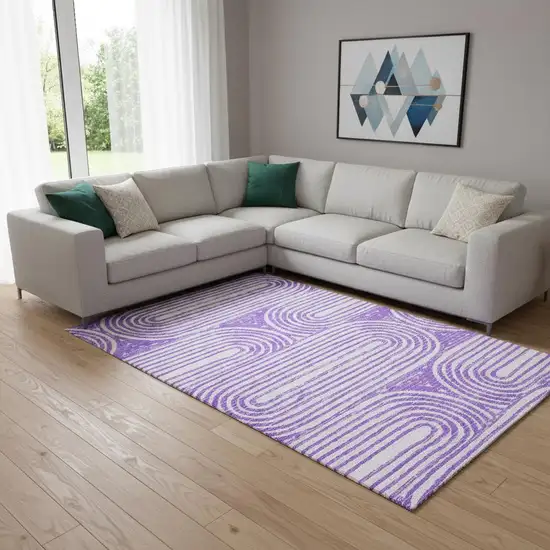 Purple And Ivory Geometric Washable Area Rug With UV Protection Photo 1