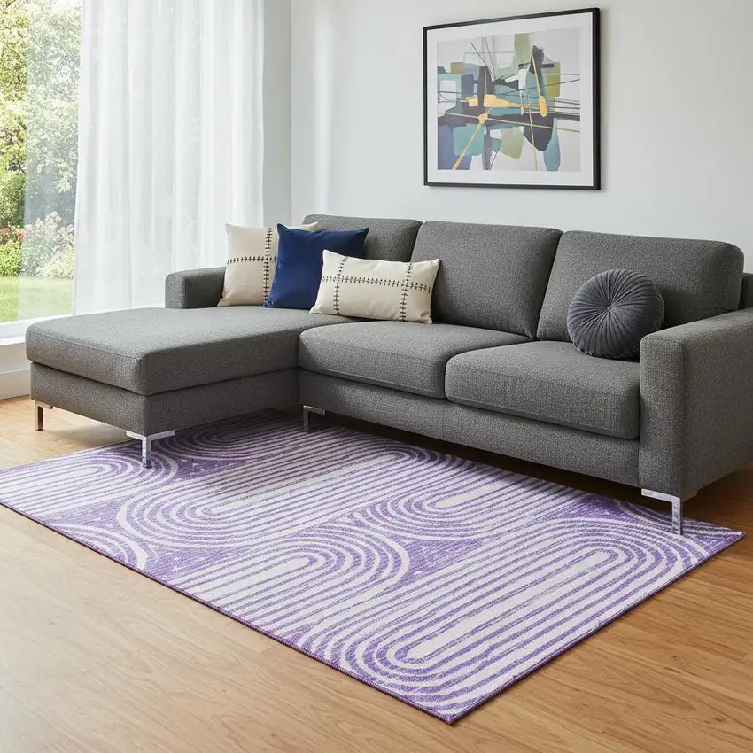 Purple And Ivory Geometric Washable Area Rug With UV Protection Photo 1