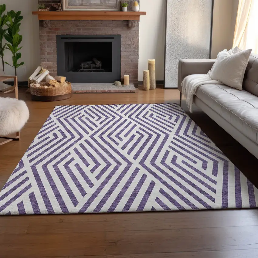 Purple And Ivory Geometric Washable Area Rug With UV Protection Photo 5