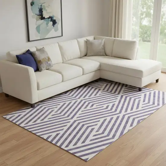Purple And Ivory Geometric Washable Area Rug With UV Protection Photo 1