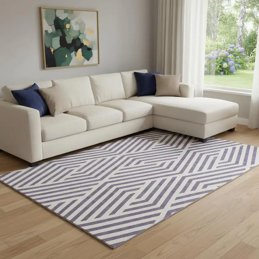 Purple And Ivory Geometric Washable Area Rug With UV Protection Photo 1