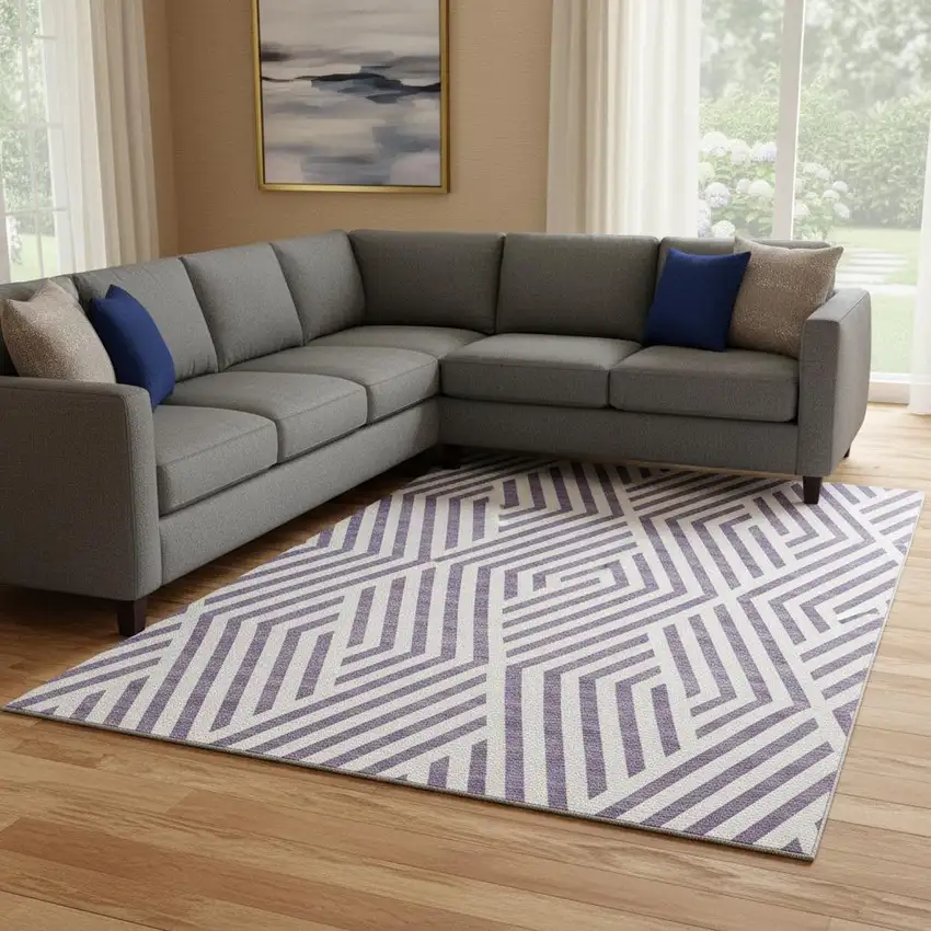 Purple And Ivory Geometric Washable Area Rug With UV Protection Photo 2