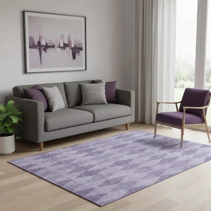 Purple And Ivory Geometric Washable Area Rug With UV Protection Photo 1