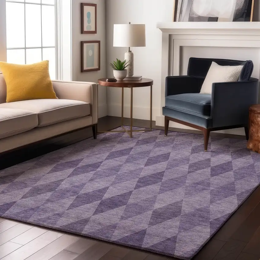 Purple And Ivory Geometric Washable Area Rug With UV Protection Photo 5