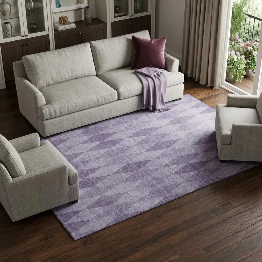 Purple And Ivory Geometric Washable Area Rug With UV Protection Photo 1