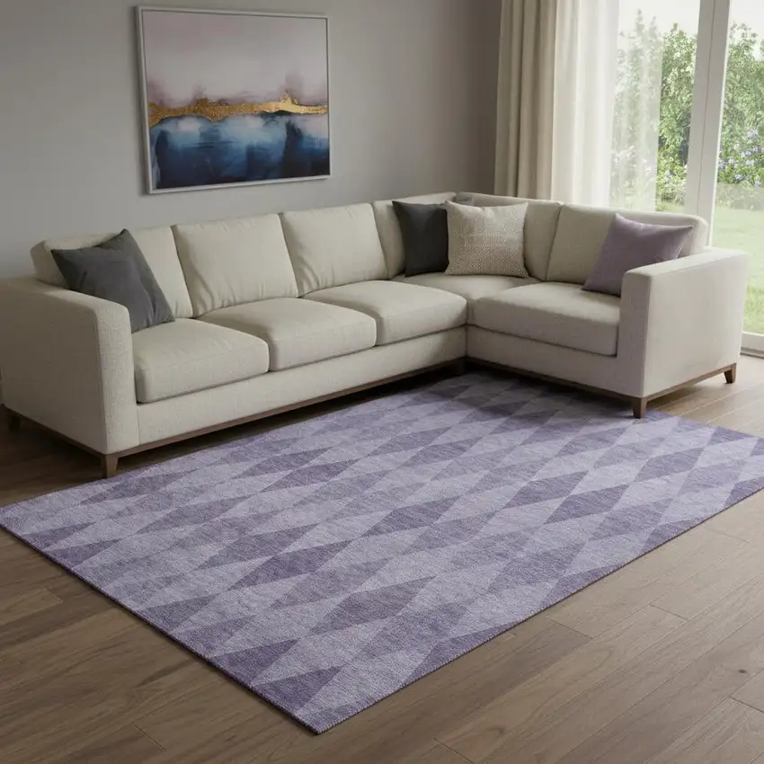 Purple And Ivory Geometric Washable Area Rug With UV Protection Photo 1