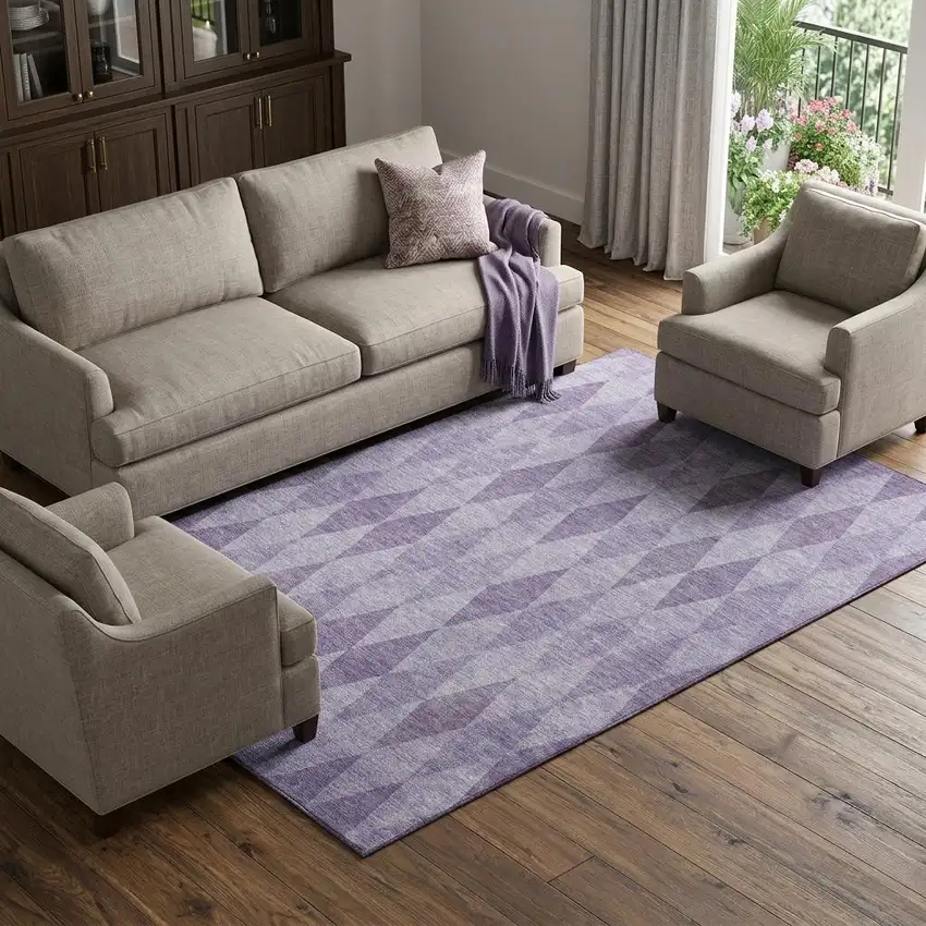 Purple And Ivory Geometric Washable Area Rug With UV Protection Photo 1
