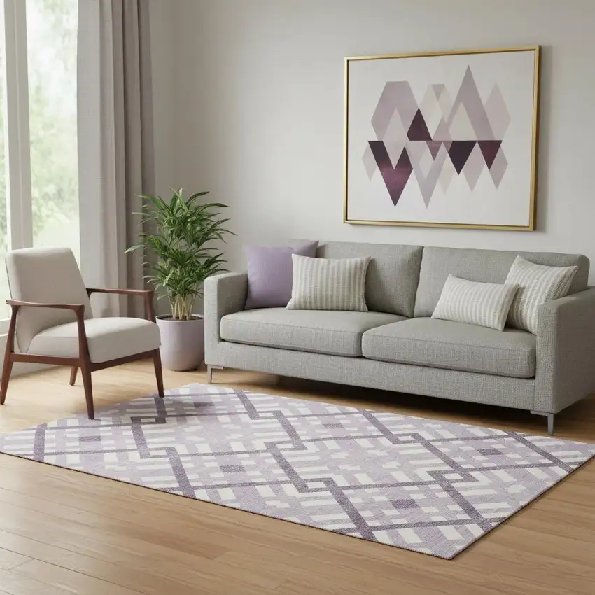 Purple And Ivory Geometric Washable Area Rug With UV Protection Photo 1