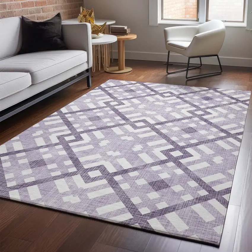 Purple And Ivory Geometric Washable Area Rug With UV Protection Photo 4