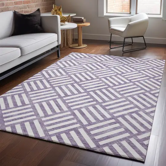Purple And Ivory Geometric Washable Area Rug With UV Protection Photo 2
