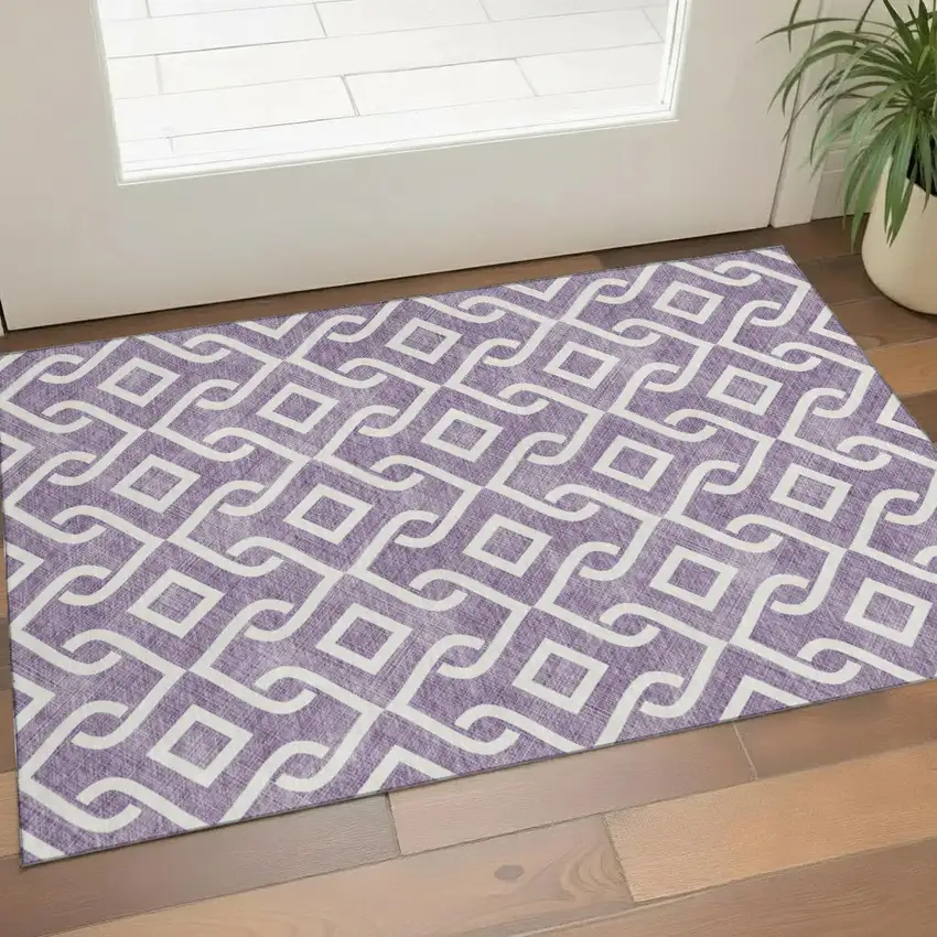 Purple And Ivory Geometric Washable Area Rug With UV Protection Photo 9