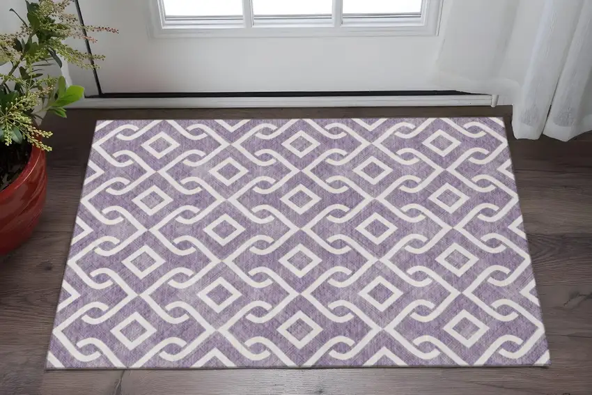 Purple And Ivory Geometric Washable Area Rug With UV Protection Photo 2