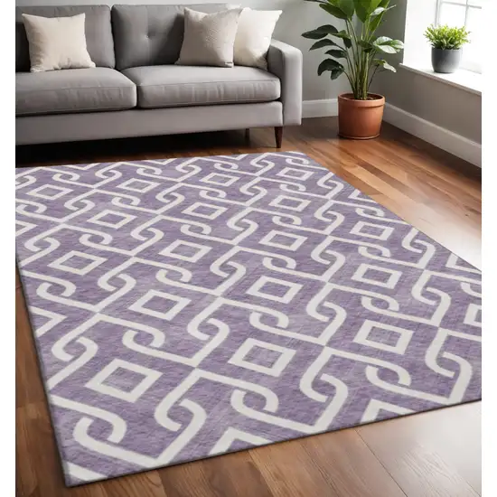 Purple And Ivory Geometric Washable Area Rug With UV Protection Photo 2